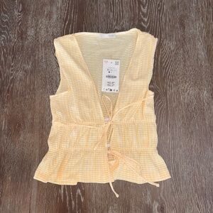 Zara pale yellow and white tie- front sleeveless top size S